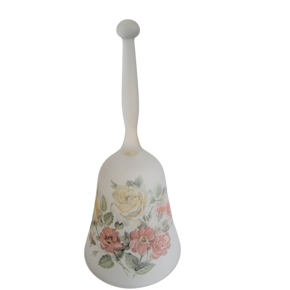 Frosted Viking Glass Hand Bell With Pink & Cream Floral Design 6" Height Made In